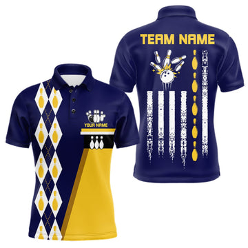Maxcorners Yellow And Navy Blue Retro US Flag Bowling Shirt For Men Custom Patriotic Bowling Tournament Jersey LM0409