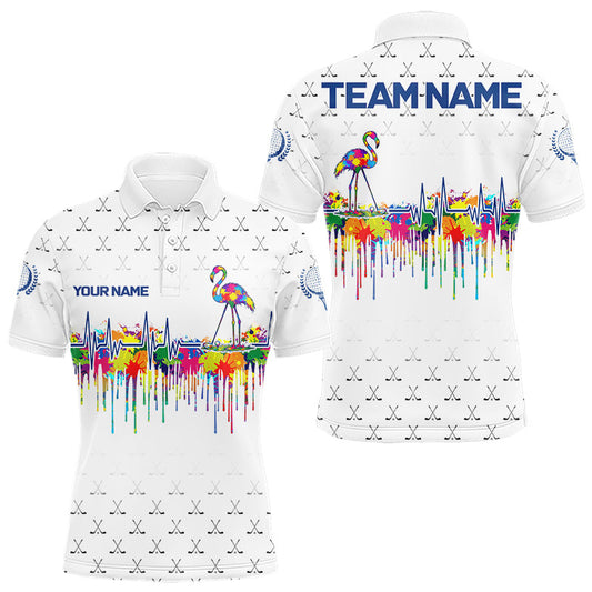 Maxcorners Watercolor Golf Heartbeat Flamingo Golf Polo Shirt For Men Custom White Golf Clubs Team Shirt