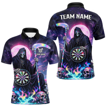 Maxcorners Galaxy Holographic Grim Reaper Dartboard Skull Dart Polo Shirts For Men Custom Name For Dart Players LM1202