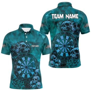 Maxcorners Custom Grunge Turquoise Dartboard Multi-Skull Dart Men Polo Shirt Dart Team Jerseys LM0404