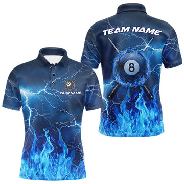 Maxcorners Thunder Blue Flames 8 Ball Pool Billiard Shirt For Men Custom Polo & 1/4 Zip Team Tournament Jersey LM1307