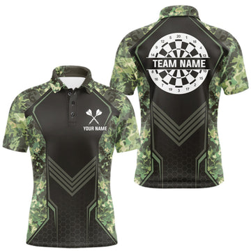 Maxcorners Green Grunge Camo Dart Shirt For Men Custom Military Camo Dart Team Polo 1/4 Zip Jersey LM1508