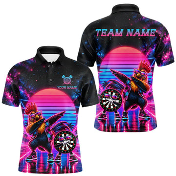 Maxcorners Funny Dabbing Rooster Darts Polo 1/4-Zip Shirt Personalized Men Darts Apparel Retro 80S Darts Team Jersey LM1910