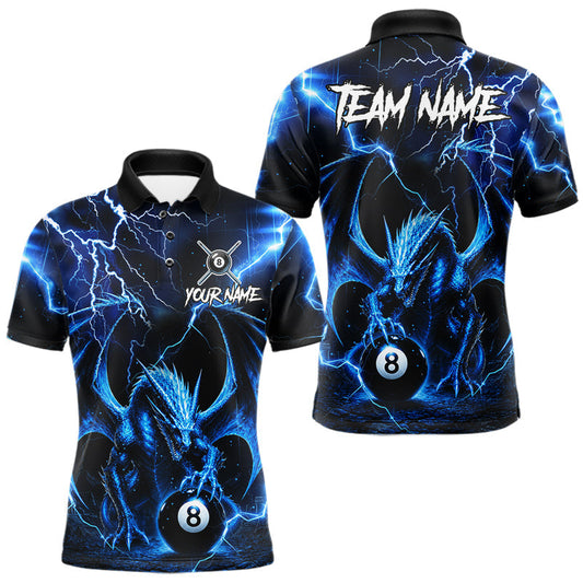 Maxcorners Blue 8 Ball Dragon Billiard Shirt For Men Custom Thunder Lightning Pool Team Jersey