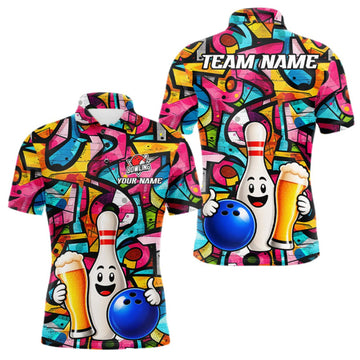 Maxcorners Colorful Graffiti Women Bowling Polo 1/4-Zip Shirt Custom Funny Beer Bowling Team League Jersey LM2709