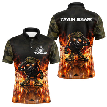 Maxcorners Military Camo Bowling Polo 1/4-Zip Shirt For Men Personalized Fire Bowling Pins Bowling Team Jersey