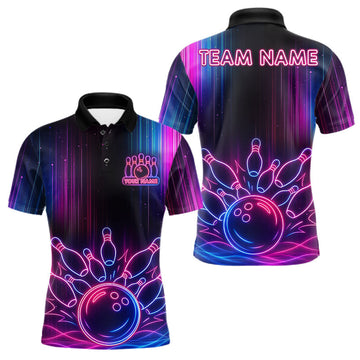 Maxcorners Pink And Blue Neon Lightning Bowling Polo & 1/4-Zip Shirt For Men Custom Team Bowling Jersey LM1705