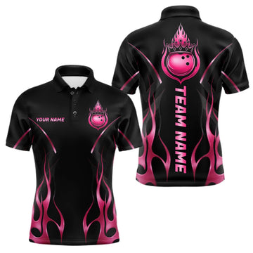 Maxcorners Black And Pink Crown Bowling Ball Polo 1/4-Zip Shirts For Men Custom Fire Flame Bowling Team Jersey LM1508
