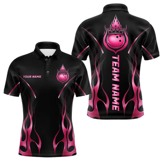 Maxcorners Black And Pink Crown Bowling Ball Polo 1/4-Zip Shirts For Men Custom Fire Flame Bowling Team Jersey LM1508