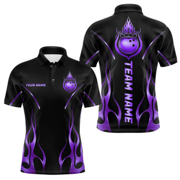 Maxcorners Black And Purple Crown Bowling Ball Polo 1/4-Zip Shirts For Men Custom Fire Flame Bowling Team Jersey LM1508