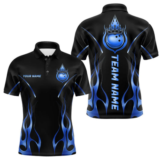 Maxcorners Black And Blue Crown Bowling Ball Polo 1/4-Zip Shirts For Men Custom Fire Flame Bowling Team Jersey LM1508