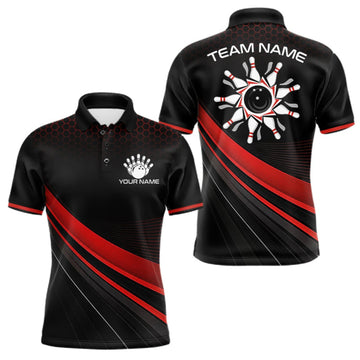 Maxcorners Custom Red Strike Hexagon Bowling Polo Quarter-Zip Shirts For Men Team Bowling Tournament Shirt LM1508