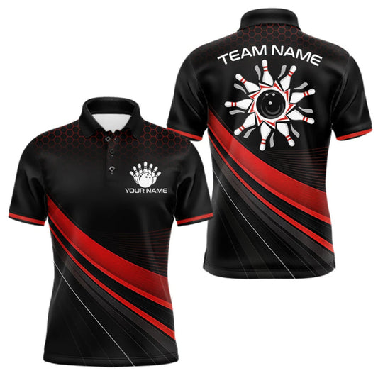 Maxcorners Custom Red Strike Hexagon Bowling Polo Quarter-Zip Shirts For Men Team Bowling Tournament Shirt LM1508