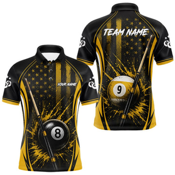 Maxcorners Custom Yellow American Flag 8 Ball & 9 Ball Pool Shirt For Men Grunge Patriot Billiard Team Uniform LM0409