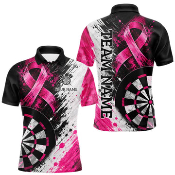 Maxcorners Grunge White & Pink Ribbon Mens Darts Jersey Custom Breast Cancer Awareness Darts Polo 1/4-Zip Shirt LM1910