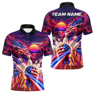Maxcorners Neon Strikes Bowling Polo Quarter-Zip Shirt For Men Custom US Flag Retro 80S Bowling Team Jersey LM1910