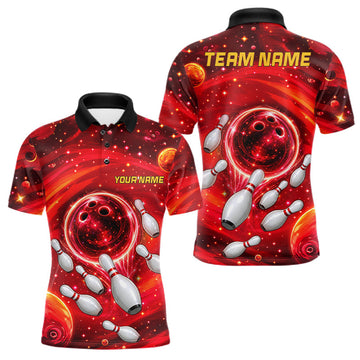 Maxcorners Mens Bowling Polo 1/4-Zip Shirts Custom Red Abstract Bowling Team Jerseys, Bowling Gifts