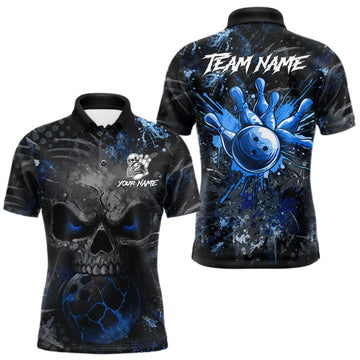 Maxcorners Blue Splatter Skull Bowling Jerseys Bowling Shirts For Men Custom Bowling Team Shirts For Bowlers LM0409