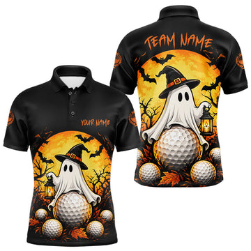 Maxcorners Custom Halloween Mens Golf Polo Shirt Personalized Spooky Ghost Golfer Halloween Golf Jersey