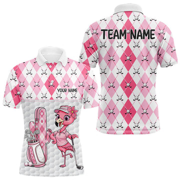 Maxcorners Funny Flamingo Golf Polo Shirts For Men Pink Argyle Flamingo Custom White Ball Golf Apparel LM2704