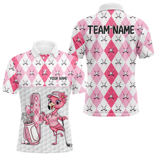 Maxcorners Funny Flamingo Golf Polo Shirts For Men Pink Argyle Flamingo Custom White Ball Golf Apparel LM2704
