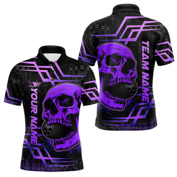 Maxcorners Black And Purple Skull Holding Bowling Ball Shirt For Men Custom Bowling Team Attire
