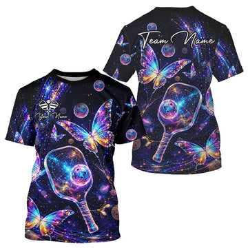 Maxcorners Custom Butterfly Rainbow Holographic Pickleball T-Shirt For Men Pickleball Paddle League Shirts LM2607