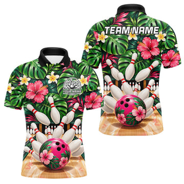Maxcorners Monstera Floral Flower Bowling Polo Quarter Zip Shirts For Men Custom Youth Bowling Team Jerseys