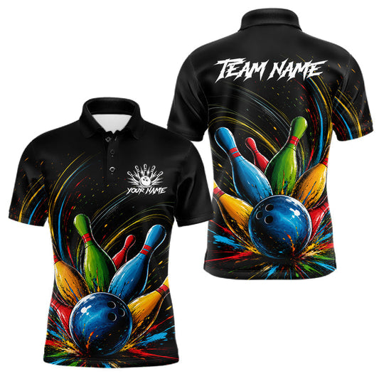 Maxcorners Splatter Colorful Bowling Ball & Pins Jersey For Men Custom Splash Team Shirts Bowling League LM2306
