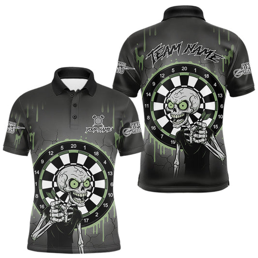Maxcorners Custom Grey & Green Dartboard Funny Skeleton Dart Men Polo Jerseys Dart Team Shirts LM2603