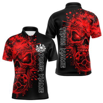 Maxcorners Red Skull Bowling Jerseys Bowling Polo, 1/4 Zip Shirt Custom Bowling Team Shirt For Men Bowlers LM2709