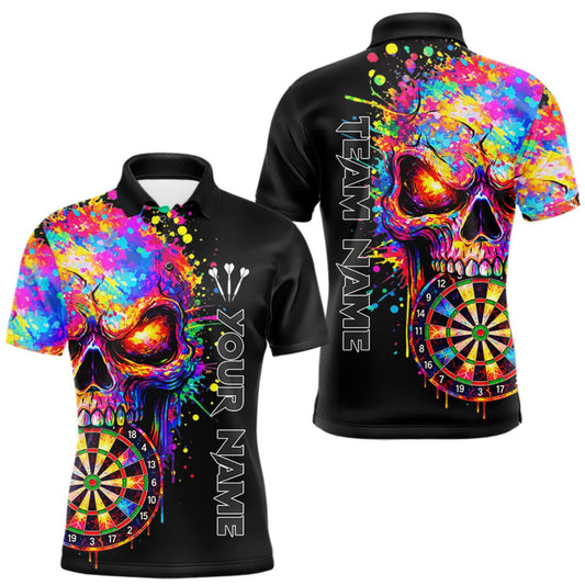 Maxcorners Colorful Splatter Skull Darts Polo 1/4 Zip Shirt For Men Custom Skull Darts Team Jersey LM2709