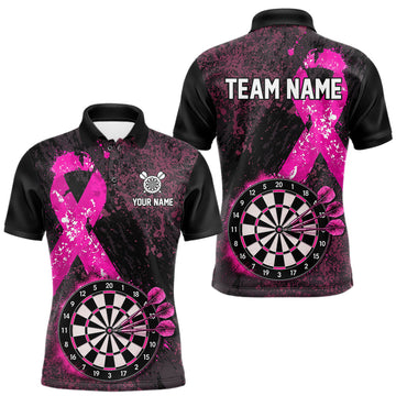 Maxcorners Personalized Pink Ribbons Grunge Darts Shirts For Men, Custom Breast Cancer Darts Team Shirts