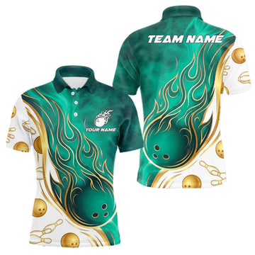 Maxcorners Custom Gold And Teal Flames Bowling Team Jerseys, Bowling League Polo & 1/4-Zip Shirt For Men LM0409