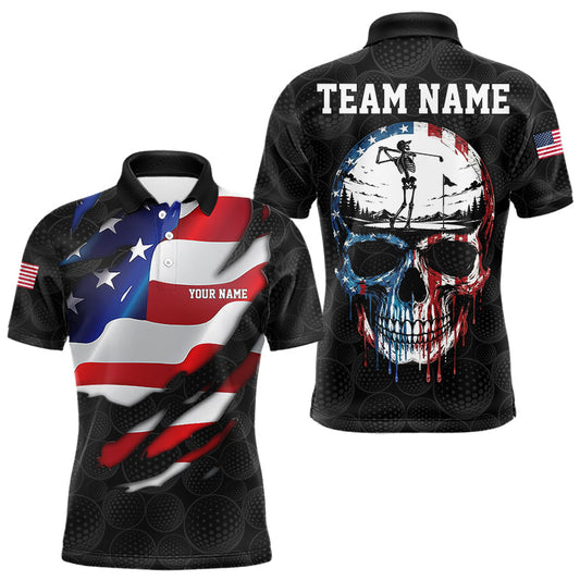 Maxcorners Mens US Flag Golf Polo Shirts Custom Black Golf Ball Pattern American Skull Golf Team Outfits LM2405