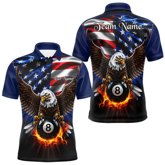 Maxcorners Custom Fire Flame 8-Ball Eagle Billiard Shirt for Men, American Flag Patriot Pool Team Jersey