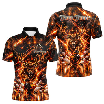 Maxcorners Fire Deer Bowling Shirt For Men Custom Deer Thunder Bowler Polo 1/4-Zip Jersey Bowling Team League LM2709