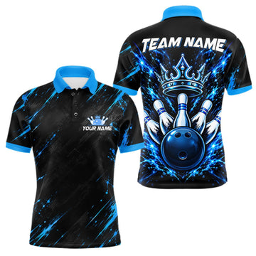 Maxcorners Custom Black And Blue Neon Bowling Polo 1/4-Zip For Men Crown Bowler Jersey Bowling League LM2709