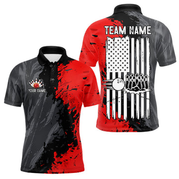 Maxcorners American Flag Grey And Red Grunge Mens Bowling Shirt Custom Patriotic Youth Bowling Team Jerseys