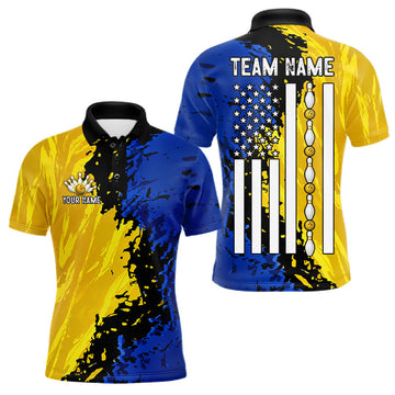 Maxcorners Black, Yellow & Blue Grunge Mens Bowling Shirts Custom US Flag Patriotic Team Jerseys, Bowling Gifts