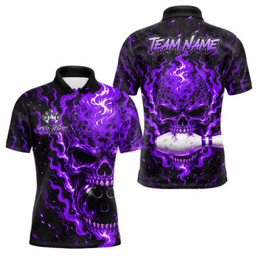 Maxcorners Custom Purple Fire Skull Mens Bowling Polo Quarter-Zip Personalized Flaming Skull Bowling Jersey