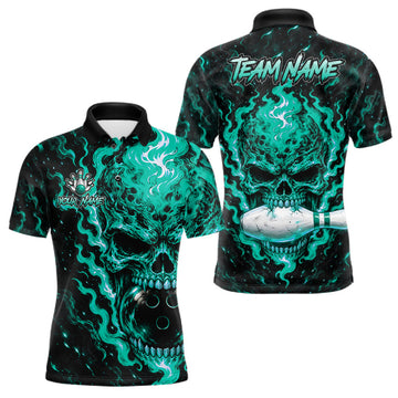 Maxcorners Custom Teal Fire Skull Mens Bowling Polo Quarter-Zip Personalized Flaming Skull Bowling Jersey
