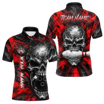 Maxcorners Red Brush Grunge Skull Mens Bowling Polo Quarter-Zip Personalized Youth Bowling Team Jersey