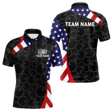 Maxcorners Custom Black Bowling Ball US Flag Bowling Polo 1/4-Zip Shirt For Men Patriotic Bowling Tournament Jersey LM0410