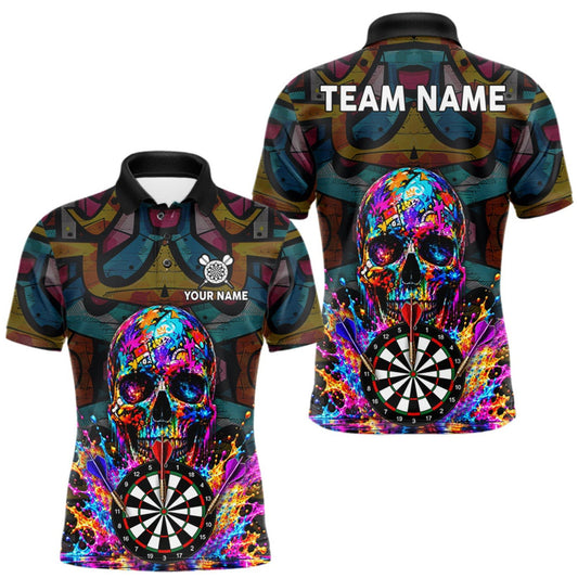 Maxcorners Custom Skull Dart Polo 1/4-Zip Shirt For Men Personalized Colorful Graffiti Dart Team Tournament Shirt LM2709