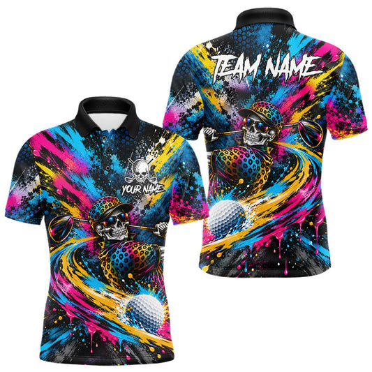 Maxcorners Skeleton Splatter Golf Polo Shirt For Men Custom Neon Colorful Golf Jersey Golf Apparel Gift