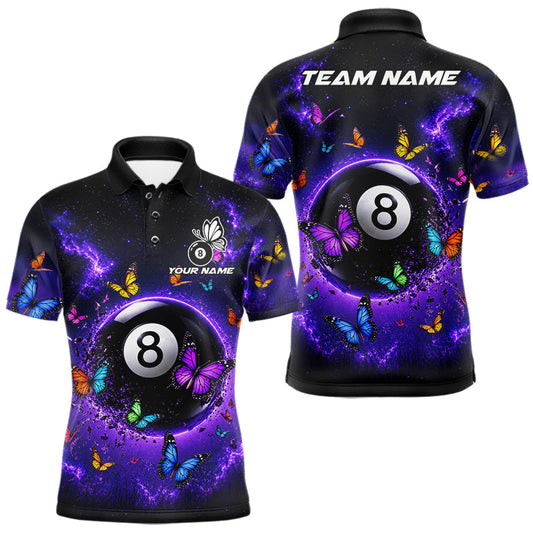 Maxcorners Purple Light 8 Ball Pool Billiard Shirt For Men Custom Colorful Butterflies Billiard Team Attire LM2806