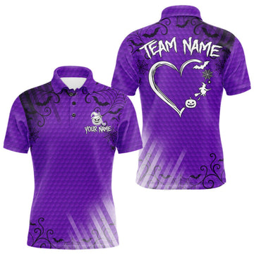Maxcorners Heart Halloween Men Golf Polo Shirt Custom Purple Spiderweb Name Golf Shirt, Halloween Golf Gifts LM0409