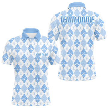 Maxcorners Mens Golf Polo Shirt Custom White And Blue Argyle Plaid Pattern Golf Team Attire Golf Gifts LM0409