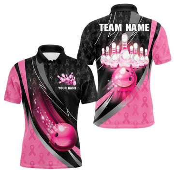Maxcorners Pink Ribbon Bowling Camo Polo 1/4 Zip Shirt For Men Custom Breast Cancer Team Bowling Jerseys LM0409